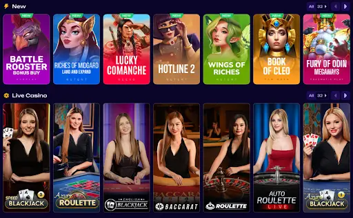 Neue Casinospiele mit aktuellen Slots und Live-Casino-Bereich mit Blackjack, Roulette und Baccarat