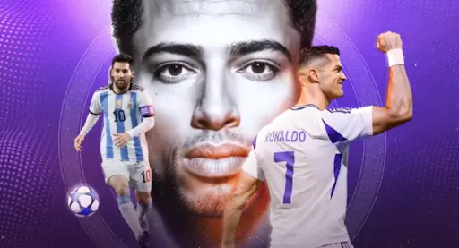 Sportliche Promotion mit internationalen Fußballspielern, dynamischer Spielszene und moderner Wettplattform im Hintergrund