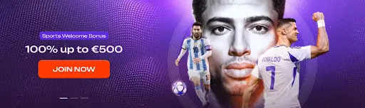 Sportliches Willkommensbanner mit Bonusangebot, Call-to-Action-Button und Fußballspielern vor violettem Hintergrund