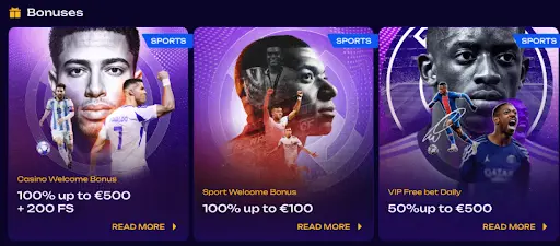 Bonusübersicht mit mehreren Sport- und Casino-Angeboten, Willkommensboni und VIP-Freebet-Aktion auf violettem Hintergrund